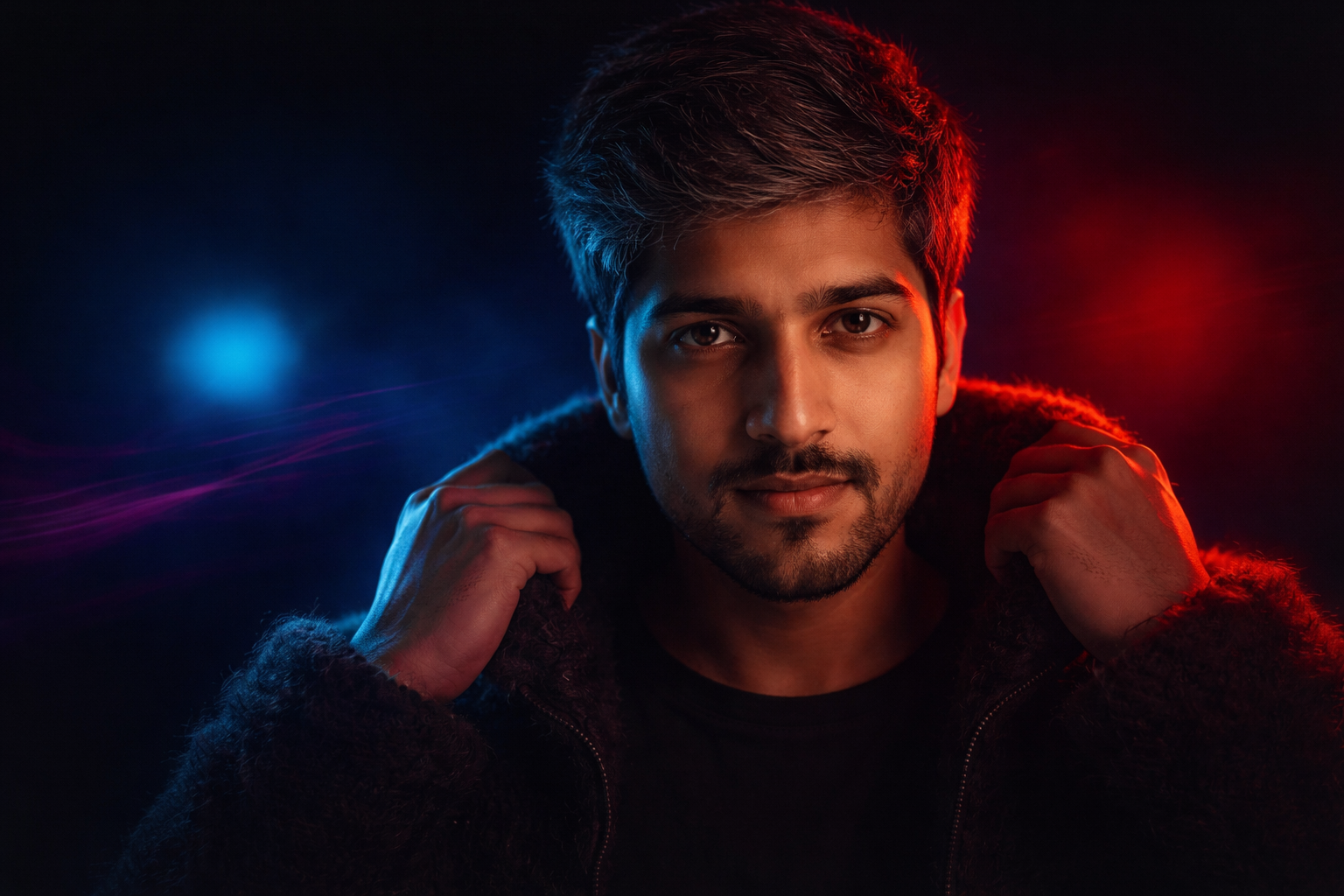 Confident gaze in dramatic lighting